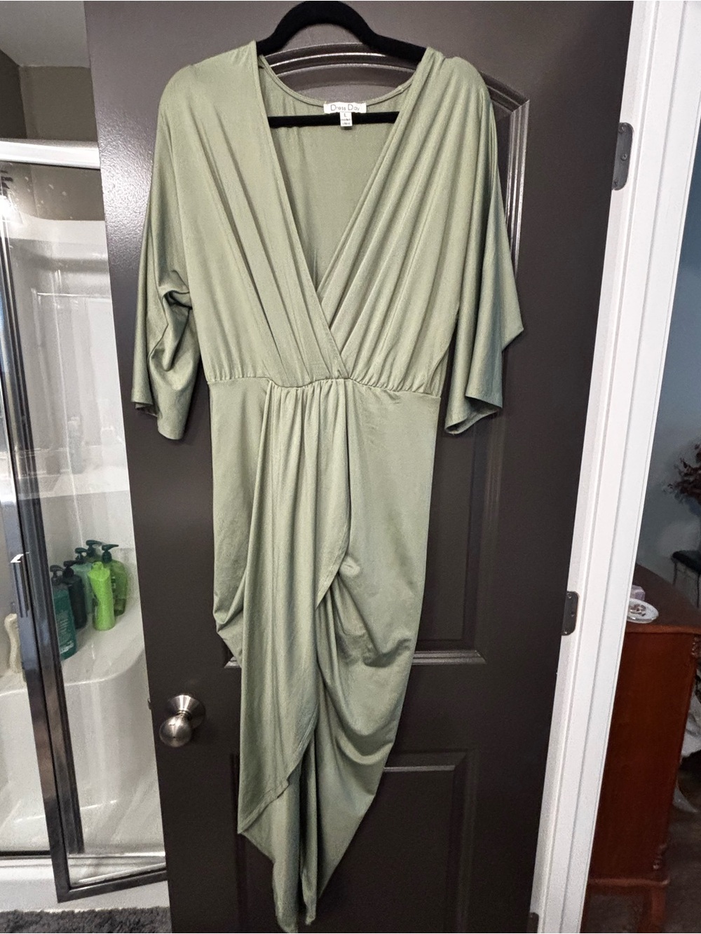 Olive Green Draped V-Neck Women’s Dress